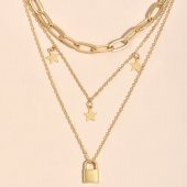 Moda Takı Altın Rengi Gerdanlık Kolye Kadınlar İçin 3 Katlı Yıldız Kilit Ezme Zincir Çok Katlı Kolye - 443 - 3