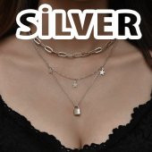 Moda Takı Gümüş Rengi Gerdanlık Kolye Kadınlar İçin 3 Katlı Yıldız Kilit Ezme Zincir Çok Katlı Kolye - 493 - 1