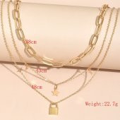 Moda Takı Altın Rengi Gerdanlık Kolye Kadınlar İçin 3 Katlı Yıldız Kilit Ezme Zincir Çok Katlı Kolye - 443 - 5