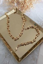 Kadın 2li Gold Kaplama Lüx Tiffany Blanca Model Kalın Zincir Kolye Ve Bileklik Seti  - 188 - 1