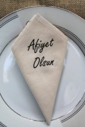 6 Adet Afiyet Olsun Yazılı Doğal Keten Servis Sunum Peçetesi - 1