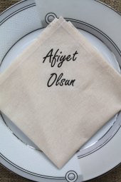 6 Adet Afiyet Olsun Yazılı Doğal Keten Servis Sunum Peçetesi - 4