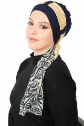 Şifon Kuşaklı Penye Bone Desenli Lacivert - 1