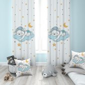Bulut Üstünde Uyuyan Ayıcık, İthal Kumaş, Çocuk ve Bebek Odası Fon Perde - 2 Kanat - 1
