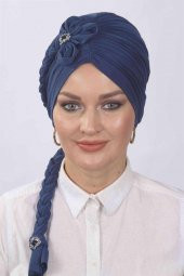 Çiçekli Örgülü Hazır Bone İndigo - 1