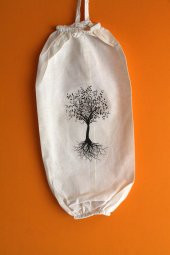 Hayat Ağacı Baskılı Çift Lastikli Naturel Keten Poşetlik - Mutfak Düzenleyici - 1