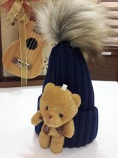 Peluş Ayıcıklı Ponponlu Çocuk Beresi  LACİVERT - 1