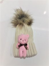 Peluş Ayıcıklı Ponponlu Çocuk Beresi  Krem - 4