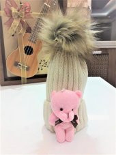 Peluş Ayıcıklı Ponponlu Çocuk Beresi  Krem - 3