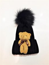 Peluş Ayıcıklı Ponponlu Çocuk Beresi  Siyah - 2