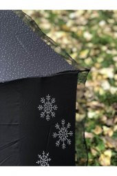 Rüzgarda Kırılmayan Kar Tanesi Desenli Puantiye Detaylı Siyah Kadın Şemsiye thumbnail 5