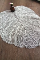 Gümüş Modern Yaprak Desenli Dantel Nakışlı Servis - Tepsi Örtüsü - Çeyizlik- Runner thumbnail 1