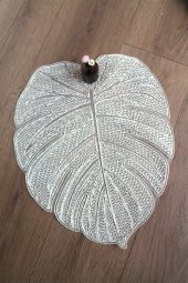 Gümüş Modern Yaprak Desenli Dantel Nakışlı Servis - Tepsi Örtüsü - Çeyizlik- Runner thumbnail 2