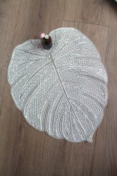 Gümüş Modern Yaprak Desenli Dantel Nakışlı Servis - Tepsi Örtüsü - Çeyizlik- Runner thumbnail 3