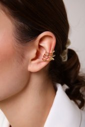 Altın Kaplama Kelebekli Sıkıştırılabilir Earcuff Küpe - 5