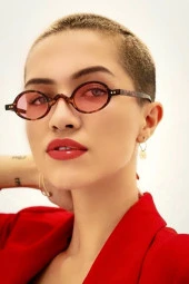 Kadın Minimal Retro Oval pembe Camlı leopar Güneş Gözlüğü - 1