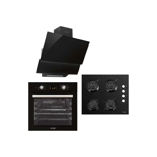 Luxell Opal 15 Programlı 3lü Ankastre Set Siyah ( DA-835 Cam Davlumbaz - 40 Tahdf Ankastre Cam Ocak - B66-SGF3 Opall Siyah Ankastre Fırın ) - 1