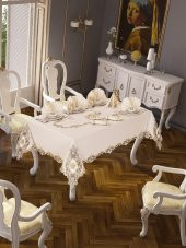 Finezza Anka Güpürlü Keten Krem Sofra Takımı 8 kişilik 160x230 cm 17 Prç  - 1219 - 1