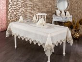 Finezza Verda Güpürlü Keten Krem Sofra Takımı 8 kişilik 160x230cm 17 Prç  - 1224 - 1
