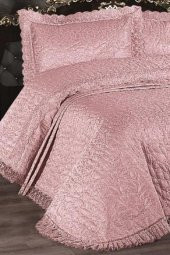 Carilla Kapitoneli Fransız Güpürlü Yatak Örtüsü Pudra - 2