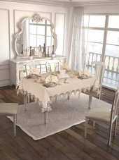 Finezza Ahsen Güpürlü Keten Kumaş Krem Sofra Takımı 8 kş. 160x230 17 Prç - 1275 - 1