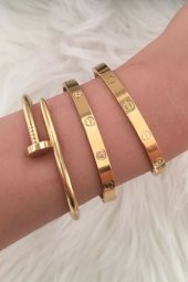 Altın Kaplama Kombin Çivi, Taşlı Ve Taşsız Kelepçe Bileklik - 450 - 1