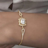 Rodyumlu Baget Zirkon Taşlı Yuvarlak Gümüş Bayan Bileklik - 10