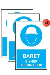 İş Güvenliği 3 Adet Levhası Baret Giymek Zorunludur Uyarı - İşaret Levhası(Bant Hediye) - 1