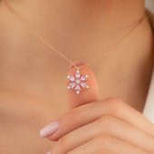 Gümüş Pazarım Pembe Taşlı Aster Çiçeği Gümüş Kolye - 1