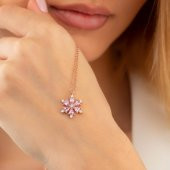 Gümüş Pazarım Pembe Taşlı Aster Çiçeği Gümüş Kolye - 2
