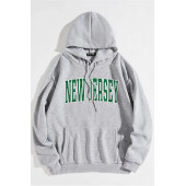 Unisex Oversize Gri New Jersey Baskılı Kapüşonlu Sweatshirt M Beden - 1