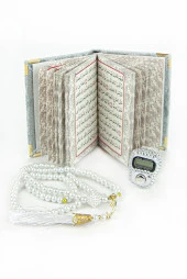 Taşlı Zikirmatik - Mini Kadife Yasin - İnci Tesbihli Hediyelik Set - Gri Renk thumbnail 2