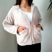 Taş Rengi Yumuşacık Peluş Kapşonlu Fermuarlı Sweatshirt Hırka L Beden - 1