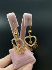 22 Ayar Kaplamalı Kalp Şekilli Kenarı Taş Motifli Sallantılı Küpe - 2