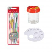 Fırça Seti 4 lü Pastel Renkli Fırça Temizleme Kabı ve Resim Paleti 1 Adet Faber Castell Fırça Takımı ve Resim Paleti Su Kabı - 1