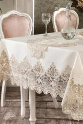 Fransız Güpürlü Yakut Masa Örtüsü Takımı 26 Parça Ekru Altın - 3