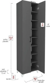 Bofigo 8 Raflı 2 Kapaklı Çok Amaçlı Mutfak Dolabı Banyo Dolabı Çok Amaçlı Dolap Cemre Antrasit - 5