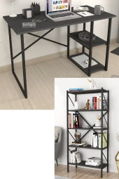 2 Raflı Çalışma Masası Bilgisayar Masası Ofis Ders Masası + 5 Raflı Kitaplık Metal Kitaplık Antrasit - 1