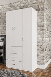 AEKA Beyaz Polo 3 Kapaklı Raflı Askılıklı 3 Çekmeceli Gardırop Ae-1069 - 1