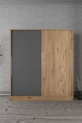 Ae-4001 Zambak Sürgülü Dolap Çok Raflı Çekmeceli Askılı Çam Kasalı (Gri-Çam Kapaklı) Gardırop - 1