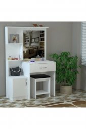 AEKA Ae-4002 Novella Puflu Aynalı Makyaj Masası, Dolaplı, Çekmeceli, Raflı, Beyaz, Minderli, Tuvalet - 1