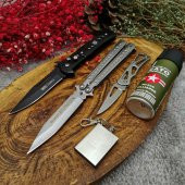22 cm komple çelik kemer klipsli kelebek yanında aslanlı sustalı, mini çakı, biber gazı ve zippo kibrit ile birlikte - 1