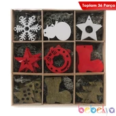 Asılabilir Yılbaşı Yeniyıl Ahşap Ağaç Süsü 36 Parça Kar Tanesi, Kardan Adam, Çam Ağacı, Yıldız ve Patik - 1