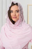 Mecit 0030 Bayan Taşlı Dantelli Şifon Şal Pembe - 5