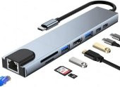 Shaza 8in1 USB Type-C Hub Port Adaptör HDMI USB Ethernet PD Girişli, Gri - 1