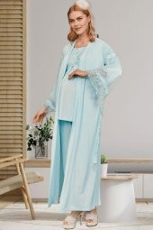 By Mecit 5202 Turkuaz Uzun Sabahlıklı Lohusa Pijama Takımı - 5