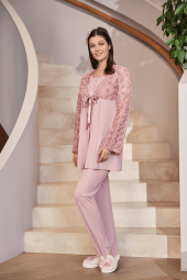By Mecit 5206 Pudra Güllü Tüllü Sabahlıklı Lohusa Pijama Takımı - 3