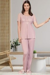 By Mecit 5206 Pudra Güllü Tüllü Sabahlıklı Lohusa Pijama Takımı - 6