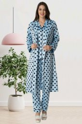 Carpediem 1552 Puantiyeli Saten Mavi Sabahlıklı Lohusa Pijama Takımı - 6
