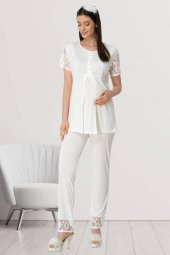 Mecit 5410 Ekru Dantelli Lohusa Pijama Takımı - 2